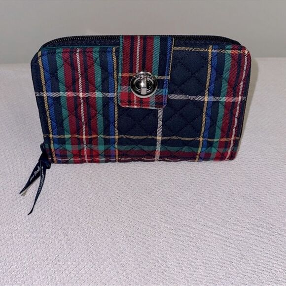 Vera Bradley Tartan Plaid Navy Green Red Turn Lock RFID Large Wallet - Picture 1 of 11